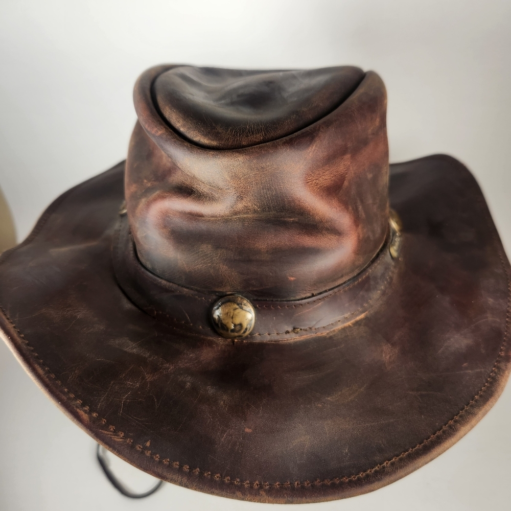OUTBACK TRADING CO Cowboy Hat Men's Medium Brown Oiled Leather Cheyenne Western - Picture 3 of 12